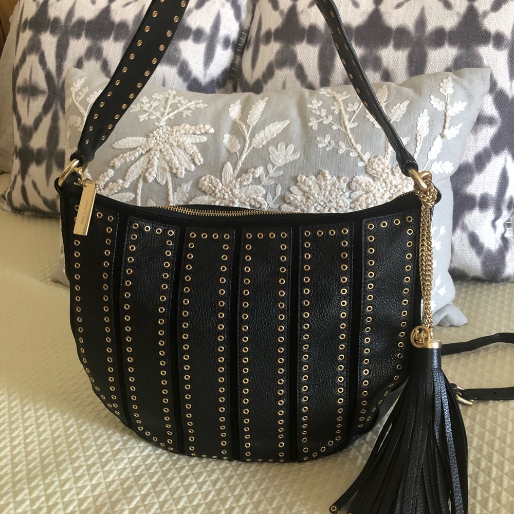 Micheal Kors Leather Black Shoulder Bag With Gold Grommets